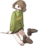  1other black_shorts brown_eyes brown_hair chara_(undertale) full_body green_sweater highres holding holding_knife i3dpi knife long_sleeves looking_at_viewer looking_back other_focus shoes short_shorts shorts simple_background solo sweater undertale white_background 