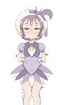  ^^^ absurdres arms_behind_back blush covered_navel dress earrings forehead full-face_blush highres jewelry knees_together_feet_apart looking_at_viewer ojamajo_doremi purple_dress purple_eyes purple_hair segawa_onpu short_hair smile sweat trembling white_background zlix0n 
