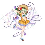  1girl :3 :d arms_up bikini blue_bow bow bracelet breasts brown_headwear cleavage flower frilled_skirt frills full_body game_cg green_bow green_eyes green_hair hair_flower hair_ornament hat heart heart_of_string highres holding holding_towel jewelry komeiji_koishi komeiji_koishi_(the_excited_eyes_of_love) looking_at_viewer medium_breasts medium_hair navel open_clothes open_mouth open_shirt outstretched_arms plaid_bikini_top red_flower rotte_(1109) sandals shirt simple_background skirt smile solo standing standing_on_one_leg starfish straw_hat swimsuit third-party_source third_eye touhou touhou_lost_word towel white_background white_bikini yellow_shirt yellow_skirt 