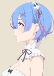  1girl black_bow black_ribbon blue_eyes blue_hair blunt_bangs bow breasts brown_background cleavage from_side hair_ornament hair_over_one_eye head_wreath highres large_breasts maid maid_day maid_headdress neck_ribbon parted_lips profile re:zero_kara_hajimeru_isekai_seikatsu rem_(re:zero) ribbon roswaal_mansion_maid_uniform short_hair simple_background small_breasts solo upper_body x_hair_ornament yasehattagi 