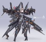  1girl absurdres armor bayonet bodysuit brown_hair commentary_request covered_navel full_body grey_background gun highres holding holding_gun holding_weapon mecha_musume missile_pod original purple_eyes rifle skin_tight solo standing tamasi thrusters tube weapon 