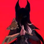  1girl black_hair broken_covenant_xayah covered_navel grey_hair highres kisume_to league_of_legends long_hair long_sleeves own_hands_clasped own_hands_together red_background serious shoulder_plates simple_background solo upper_body xayah 