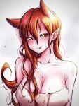  1girl azazel_ameri azulasi blush breasts cleavage collarbone demon_girl hair_between_eyes hair_horns highres large_breasts long_hair looking_at_viewer mairimashita!_iruma-kun naked_towel orange_eyes orange_hair pointy_ears red_eyes red_hair simple_background smile solo tongue tongue_out towel upper_body very_long_hair wet 