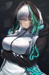  1girl absurdres arknights arm_under_breasts blush breasts dress fingerless_gloves gloves green_eyes grey_hair hand_on_own_cheek hand_on_own_face head_wings highres ho&#039;olheyak_(arknights) large_breasts long_sleeves looking_at_viewer lycoris-fullbloom medium_hair solo upper_body white_dress white_gloves wings 