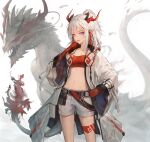  1girl arknights bandeau bead_bracelet beads belt bracelet breasts coat colored_skin dragon dragon_girl dragon_horns dragon_tail geebee_79 gloves hand_on_own_hip horns jewelry looking_at_viewer multicolored_hair nian_(arknights) open_clothes open_coat pointy_ears purple_eyes red_bandeau red_hair red_skin shorts simple_background small_breasts streaked_hair tail tongue tongue_out white_background white_coat white_hair white_shorts 