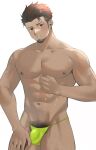  1boy abs bad_id bad_twitter_id bara beard bikini_briefs bulge chest_hair covered_penis dark-skinned_male dark_skin excessive_pubic_hair eyebrow_cut facial_hair feet_out_of_frame goburin_second hairy harumi_(goburin_second) head_tilt highres large_pectorals leg_hair light_blush looking_at_viewer male_focus male_pubic_hair male_underwear mature_male muscular muscular_male navel navel_hair nipples original pectorals pubic_hair pubic_hair_peek scar scar_on_face scar_on_forehead short_hair sideburns solo standing stomach thick_thighs thighs topless_male underwear very_sweaty white_background yellow_male_underwear 