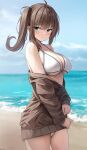  1girl absurdres ahoge bare_shoulders beach bikini blue_eyes breasts brown_hair brown_jacket cleavage closed_mouth cowboy_shot day frown halterneck highres jacket large_breasts long_hair long_sleeves looking_at_viewer ocean off_shoulder original outdoors redshark_(t373412) side_ponytail sidelocks solo standing string_bikini swimsuit thighs wet white_bikini 