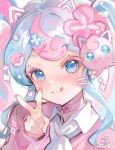  1girl :3 alice_vu blue_eyes blue_hair blush choker closed_mouth collared_shirt commentary drawn_ears drawn_whiskers english_commentary fairy_miku_(project_voltage) flower hair_flower hair_ornament hand_up hatsune_miku heart heart_choker highres jigglypuff long_hair long_sleeves looking_at_viewer multicolored_hair pink_choker pink_flower pink_hair pink_nails pink_sweater pokemon pokemon_(creature) project_voltage shirt smile solo sweater tongue twintails two-tone_hair upper_body v vocaloid white_shirt x_hair_ornament 