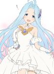  1girl :d ahoge bare_shoulders blue_eyes blue_hair breasts chest_jewel collarbone dress fingerless_gloves floating_hair gloves granblue_fantasy hair_ornament kiikii_(kitsukedokoro) long_hair looking_at_viewer lyria_(granblue_fantasy) small_breasts smile solo straight_hair teeth thighlet translation_request upper_teeth_only very_long_hair white_dress white_gloves 