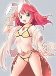 1girl :d animal_ears bangs bikini blush bracelet breasts commentary_request cowboy_shot dancer_(ragnarok_online) emurin fake_animal_ears gem gold green_eyes grey_background jewelry long_hair looking_at_viewer midriff navel open_mouth pink_hair rabbit_ears ragnarok_online red_gemstone see-through shawl simple_background small_breasts smile solo swimsuit yellow_bikini 