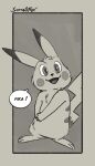  anthro big_cheeks big_ears big_eyes big_head big_tail black_and_white black_tipped_ears comic cute_expression fur fur_markings furry generation_1_pokemon invalid_tag long_ears long_tail looking_at_viewer markings monochrome nintendo open_mouth open_smile pikachu pokemon pokemon_(species) short_legs sketch small_body smile softailfox solo speech_bubble tail unfinished 