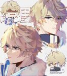  1boy birdsofpasssage bishounen blonde_hair blue_eyes chibi english_text gepard_landau highres honkai:_star_rail honkai_(series) male_focus multiple_views solo speech_bubble tears upper_body 