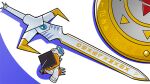  agumon_hakase artist_request digimoji digimon digimon_(creature) from_above hat holding holding_magnifying_glass lab_coat magnifying_glass mortarboard no_humans official_art shield sleeves_past_fingers sleeves_past_wrists sword weapon 
