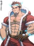  1boy abs artist_name bara belt brown_hair bulge commission cowboy_shot facial_hair goatee hand_on_own_hip highres large_pectorals looking_at_viewer male_focus multicolored_hair muscular muscular_male navel one_eye_closed pectorals pointy_ears santa_costume sideburns snowflakes solo sparkle sparkling_eyes terraxle thick_arms thick_eyebrows tokyo_afterschool_summoners tomte_(housamo) white_background white_hair 