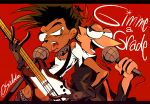  2boys artist_name baljeet_tjinder black_hair choker dark-skinned_female dark_skin electric_guitar fingerless_gloves gloves guitar holding holding_microphone instrument microphone multiple_boys music official_alternate_costume open_mouth phineas_and_ferb phineas_flynn red_background red_hair scene_reference shirt singing song_name spiked_choker spiked_hair spikes sudako_(tkb315) t-shirt tongue tongue_out white_shirt 