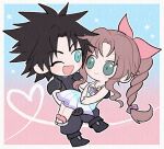  1boy 1girl aerith_gainsborough armor black_footwear black_gloves black_hair black_pants blue_eyes boots brown_hair carrying chibi curly_hair dress final_fantasy final_fantasy_vii final_fantasy_vii_crisis_core flower gloves gradient_background green_eyes hair_ribbon heart light_purple_ribbon long_hair messy_hair one_eye_closed open_mouth pants pauldrons pink_ribbon princess_carry purple_ribbon ribbon short_hair shoulder_armor sleeveless sleeveless_turtleneck smile spiked_hair star_(symbol) suspenders ttnoooo turtleneck white_dress zack_fair 