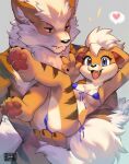  animal_hands arcanine bikini brother_and_sister furry growlithe looking_at_viewer micro_bikini open_mouth pawpads pokemon pokemon_(creature) popodunk siblings size_difference smile swimsuit v 