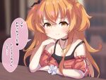  1girl animal_ears blush breasts casual cleavage collarbone commentary_request hair_between_eyes hair_ornament highres horse_ears horse_girl jewelry long_hair looking_at_viewer mayano_top_gun_(umamusume) necklace nokora_(otonarinoco) orange_hair portrait small_breasts smile smug solo table translation_request umamusume yellow_eyes 