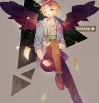  1boy ahoge armband black_wings blonde_hair blue_jacket brooch brown_footwear brown_pants character_name collarbone constellation cross-laced_footwear denim english_commentary envelope feathered_wings grey_background hair_ornament hairclip halo heart holding holding_envelope hood hood_down hooded_jacket hoshi-pan jacket jeans jewelry kim_yoosung leg_up long_sleeves looking_at_viewer one_eye_closed open_clothes open_jacket open_mouth pants parted_bangs pink_eyes shirt shoes short_hair sitting smile smiley_face space star_(sky) star_(symbol) susanghan_messenger t-shirt teeth triangular_headpiece upper_teeth_only watch white_shirt wings wristwatch 