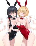  2girls 2others absurdres ameno_hitsuka animal_ears bare_shoulders black_eyes black_hair black_leotard blonde_hair blunt_bangs breasts cleavage collarbone covered_navel detached_collar fake_animal_ears hair_between_eyes hair_ornament highres kamioka_senri large_breasts leotard medium_hair motion_lines multiple_girls multiple_others open_mouth original piripun playboy_bunny pushing rabbit_ears red_leotard short_hair skin_tight standing strapless strapless_leotard sweatdrop thighs translation_request v white_background wrist_cuffs yellow_eyes yuri 