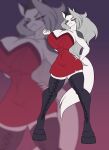  2023 anthro big_breasts boots breasts canid canid_demon clothing demon dress eyebrows eyelashes female footwear fur grey_body grey_fur grey_hair hair hand_on_hip hellhound helluva_boss hi_res huge_breasts legwear long_hair loona_(helluva_boss) mammal red_clothing red_dress red_sclera solo thigh_boots thigh_highs toughset white_body white_fur 