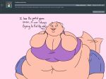  2018 5_fingers anthro ask_blog batspid2 belly big_belly big_breasts bottomwear breasts clothing crop_top cutoffs denim denim_clothing dialogue digital_drawing_(artwork) digital_media_(artwork) english_text exclamation eyebrows eyelashes female fingers flabby_arms flat_colors frill_(anatomy) happy head_crest head_frill juna_(batspid2) lizard membrane_(anatomy) membranous_frill morbidly_obese morbidly_obese_anthro morbidly_obese_female motion_lines navel obese obese_anthro obese_female overweight overweight_anthro overweight_female pink_background pink_body pink_skin purple_eyes reptile scalie shirt shorts simple_background smile solo tail tail_motion tailwag text thick_thighs topwear wide_hips 