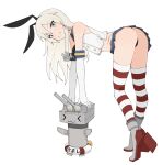  1girl absurdres ass bent_over blonde_hair blue_eyes blue_sailor_collar blue_skirt crop_top elbow_gloves gloves grin highres kantai_collection long_hair miniskirt pleated_skirt rensouhou-chan ri-el rudder_footwear sailor_collar school_uniform serafuku shimakaze_(kancolle) simple_background skirt sleeveless smile striped striped_thighhighs thighhighs white_background white_gloves 