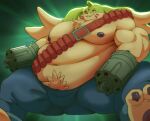  absurd_res anthro bandai_namco belly bottomwear claws clothing denim denim_clothing digimon digimon_(species) gargomon gun gun_arm hi_res horn jeans long_ears male musclegut nipples pants pawpads pecs ranged_weapon solo steen weapon 