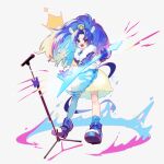  1girl animal_ears blue_eyes blue_footwear blue_gloves blue_hair blue_jacket blush boots bubble_skirt cure_gelato full_body gloves holding holding_plectrum jacket kirakira_precure_a_la_mode kuronuma_s long_hair microphone microphone_stand open_mouth plectrum precure short_sleeves simple_background single_thighhigh skirt smile solo tail tategami_aoi thighhighs twitter_username watermark white_background yellow_skirt 