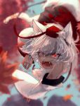  angry animal_ears blood blood_on_face blue_eyes blurry blurry_background fangs hat highres inubashiri_momiji jumping leaf looking_at_viewer maple_leaf open_mouth red_eyes red_headwear shee_take tokin_hat touhou wolf_ears wolf_girl 
