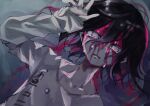  1boy black_hair blood blood_on_face buttons collarbone danganronpa_(series) danganronpa_v3:_killing_harmony grey_jacket hand_up highres jacket long_sleeves looking_at_viewer lying male_focus medium_hair multicolored_hair oma_kokichi on_back pink_blood pink_eyes solo two-tone_hair waguri_(ronpa) 