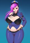  1girl absurdres belt breasts cleavage commission covered_nipples cuffs earrings hand_on_own_hip handcuffs hat highres jacket jewelry keisar51nsfw large_breasts league_of_legends long_sleeves midriff navel nose_piercing officer_vi piercing pink_hair plump police police_hat police_uniform policewoman purple_eyes smile solo tight_clothes tongue tongue_out uniform vi_(league_of_legends) 
