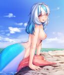  1girl absurdres animal_penis blue_hair blue_sky breasts closed_mouth cloud cloudy_sky day dolphin_penis from_side futanari highres licking_lips likunea long_hair looking_at_viewer looking_to_the_side medium_breasts mermaid monster_girl multicolored_hair nipples orange_eyes original penis sky smile solo tongue tongue_out two-tone_hair uncensored water white_hair 