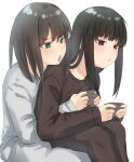  2girls alternate_costume alternate_hairstyle black_hair black_sweater blunt_bangs controller fubuki_(kancolle) game_controller grey_sweater hair_down hatsuyuki_(kancolle) highres kantai_collection long_hair medium_hair multiple_girls sakieko simple_background sleepwear sweater white_background 