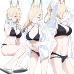  1girl absurdres animal_ears arms_behind_head arms_up bare_shoulders bikini black_bikini blonde_hair blue_archive blue_eyes blush breasts cleavage collarbone dog_ears extra_ears fpanda hair_over_one_eye halo highres kanna_(blue_archive) large_breasts long_hair long_sleeves looking_at_viewer multiple_views navel open_clothes open_shirt ponytail sandals shirt swimsuit thighs towel wet white_shirt 