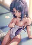  1girl absurdres alice_gear_aegis black_hair breasts bureikubureido cleavage clothes_pull competition_swimsuit covered_navel heart highleg highleg_swimsuit highres long_hair medium_breasts one-piece_swimsuit one-piece_swimsuit_pull parted_bangs purple_eyes solo spoken_heart swimsuit takanashi_rei two-tone_swimsuit 