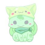  :&gt; :3 animal_hat bandana black_eyes blush_stickers bulbasaur fushigi_no_dungeon green_bandana green_headwear hat huan_long no_humans pokemon pokemon_(creature) pokemon_(game) pokemon_mystery_dungeon sitting solid_circle_eyes white_background 