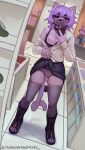  absurd_res anthro bottomwear breasts cellphone clothed clothing domestic_cat felid feline felis female genitals hair hi_res holding_cellphone holding_object holding_phone mammal nipples one_breast_out phone purple_body purple_hair pussy skirt ultrabondagefairy 