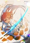  1girl ahamma arm_guards armor bad_proportions breasts commentary_request fighting_stance full_body gloves holding holding_sword holding_weapon jacket light_particles long_hair looking_at_viewer low_ponytail open_mouth orange_background orange_eyes orange_hair pants perspective shin_guards shoulder_armor slashing solo sword taromaiti_(housamo) tokyo_afterschool_summoners twitter_username v-shaped_eyebrows weapon white_gloves white_jacket white_pants 