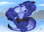  &lt;3 absurd_res anthro areola big_muscles biped black_hair blue_body bluekumabox bulge clothing dragon hair hand_on_head hi_res huge_muscles hyper hyper_muscles hyper_pecs indigo_body looking_away male mountain_background muscular nipples pecs psych_hydra signature sky solo swimwear tail water 