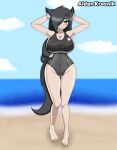  2021 aidan_kresnik animal_humanoid barefoot beach big_breasts black_hair blush breasts canid canid_humanoid canine canine_humanoid cleavage clothed clothing curvy_figure feet green_eyes hair hair_over_eye hands_behind_head hi_res huge_breasts humanoid inner_ear_fluff long_hair mammal mammal_humanoid not_furry one-piece_swimsuit one_eye_obstructed ponytail sand seashore seaside signature smile smiling_at_viewer swimwear thick_thighs thigh_gap tuft voluptuous wide_hips wolf_ears wolf_humanoid wolf_tail 