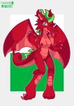  absurd_res anthro areola breasts claws digital_drawing_(artwork) digital_media_(artwork) dragon female genitals green_eyes green_hair hair hi_res looking_at_viewer lustragon nipples nude pussy red_areola red_body red_dragon red_nipples red_pussy red_scales scales scalie simple_background smile solo tail teeth tongue welsh_dragon wings 