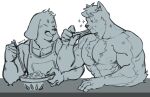  2boys absurdres animal_ear_fluff animal_ears apron bara blue_doggo_(ttn) blue_fur blue_hair couple dog_boy dog_ears eating goatee_stubble happy hickey highres large_pectorals male_focus monochrome multiple_boys muscular muscular_male naked_apron original pectorals short_hair sparkle thick_eyebrows ttn_(239_239) two-tone_fur upper_body white_fur yaoi 