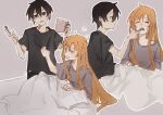  1boy 1girl asuna_(sao) bed_sheet black_eyes black_hair black_pants brushing_teeth kirito long_hair long_sleeves messy_hair onori821 orange_eyes orange_hair pants saliva shirt simple_background sitting sleepy sweatdrop sword_art_online 