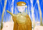  +_+ 1girl anpansensou_(namahamaafuro) bare_tree blue_eyes blue_hair blue_sky blurry blurry_background blush_stickers brown_cape brown_coat brown_gloves cape coat commentary_request commission cowboy_shot day fcx4l gloves hair_ornament hat highres holding long_sleeves looking_at_viewer open_mouth original outdoors peaked_cap pig skeb_commission skull_hair_ornament sky smile snow solo tree twintails wide-eyed 