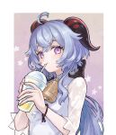  1girl ahoge bell black_bow blue_hair blush bow cowbell cup disposable_cup drinking drinking_straw fingernails ganyu_(genshin_impact) ganyu_(heytea)_(genshin_impact) genshin_impact goat_horns hair_between_eyes hair_bow highres holding holding_cup horns long_hair looking_at_viewer mozu_(teluto) neck_bell official_alternate_costume ponytail purple_eyes red_horns sidelocks solo very_long_hair 