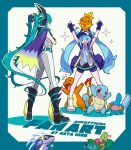  2girls ? absurdres aqua_eyes aqua_hair arms_up bike_shorts black_footwear blue_eyes blue_hair boots charmander crossed_arms dragon dragon_miku_(project_voltage) electricity fake_horns hatsune_miku headphones highres horns ivysaur jacket knee_boots long_hair manbou_no_ane mirai_donna_darou_(vocaloid) miraidon mudkip multiple_girls open_clothes open_jacket pants pokemon pokemon_(creature) project_voltage side_cape skirt sparkle squirtle torchic treecko twintails very_long_hair vocaloid white_footwear white_pants 