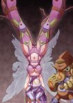  1boy 1girl arm_warmers armpits arms_up ass_visible_through_thighs bare_tree belt big_nose bikini blurry blurry_foreground boots bound breasts butterfly_hair_ornament butterfly_wings cleavage colored_skin commentary_request commission covered_collarbone covered_eyes creature digimon digimon_(creature) digimon_crest digimon_frontier elbow_gloves facial_mark fairimon fangs full_body garter_straps gloves green_eyes green_skin groin grottemon hair_ornament hairband head-mounted_display highres immobilization long_hair looking_at_viewer medium_breasts navel oborogumo_takamitsu open_mouth parted_bangs parted_lips purple_belt purple_bikini purple_footwear purple_hair purple_hairband red_headwear restrained rope shoulder_pads skeb_commission spread_legs standing stationary_restraints stomach swimsuit teeth thigh_boots torn_wings tree twitter_username upright_restraints upside-down white_gloves wings 