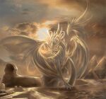  claws desert dragon dragon_horns dragon_wings english_commentary highres horns large_wings multiple_horns no_humans original pyramid_(structure) sand spaceweaver sphinx sun western_dragon white_horns wings 