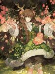  1girl :o animal_on_arm antlers bird bird_on_arm bloomers bow braid brown_hair bush choppy_bangs clover_(flower) double_bun dress dress_flower feet_out_of_frame floral_print flower fringe_trim fur-trimmed_dress fur-trimmed_sleeves fur_trim grass green_dress green_eyes hair_bun hair_flower hair_flowing_over hair_ornament layered_dress leaf long_hair long_sleeves looking_at_viewer original outdoors outstretched_arms pink_flower side_braids solo standing starshadowmagician tree underwear waist_bow wavy_hair white_flower 
